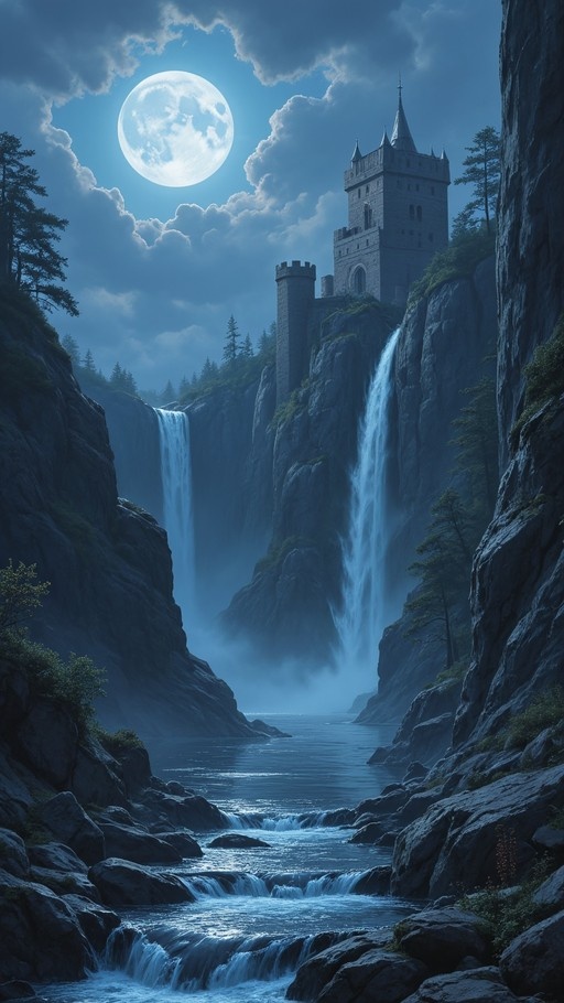 A tall stone castle tower sits atop a steep cliff next to two waterfalls falling into a river below, under a large full moon in a cloudy night sky.