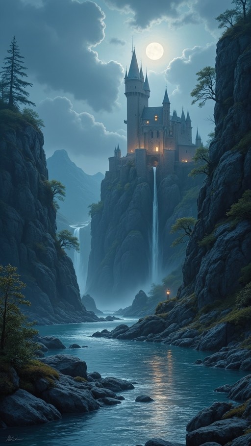 A digital painting of a stone castle perched on a high cliff at night, featuring glowing windows, cascading waterfalls, and a bright full moon in a cloudy sky above a river.