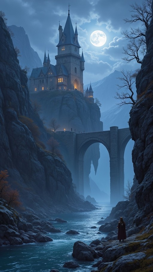 A digital illustration of a cloaked figure standing by a rocky riverbank looking up at a large castle perched on a cliff, connected by an arched stone bridge under a bright full moon.
