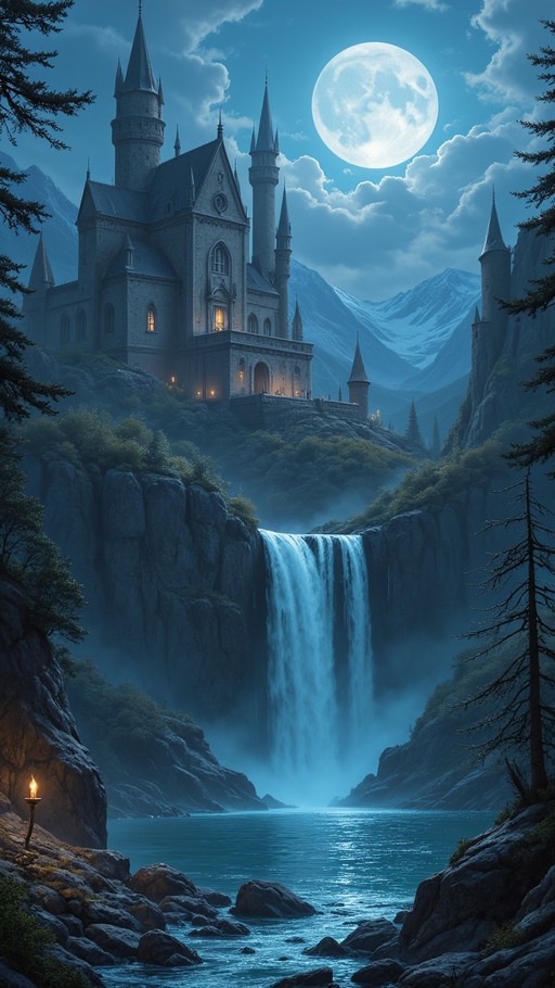 A large stone castle with tall spires sits on a cliff above a rushing waterfall and a lake under a bright full moon at night.