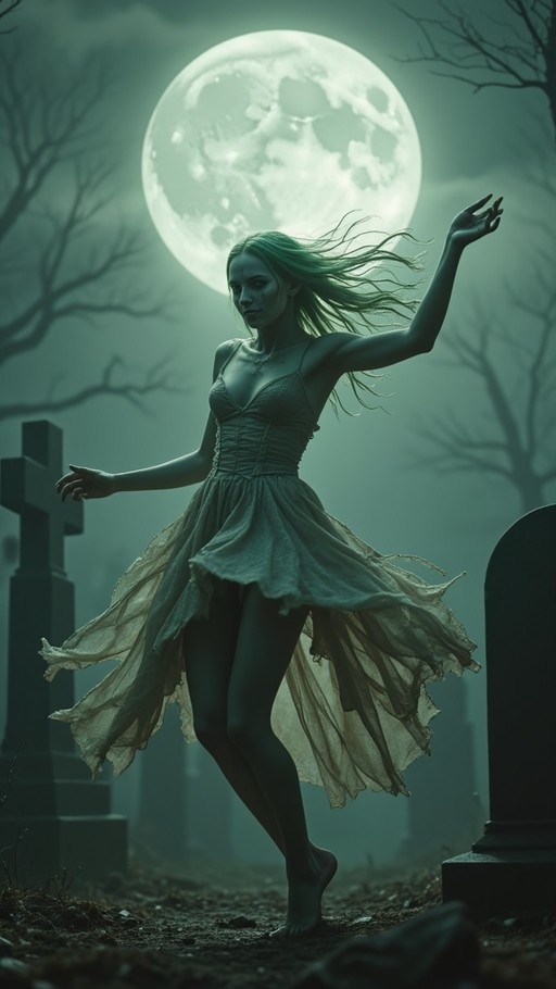 A pale zombie woman with long green hair dances barefoot in a graveyard under a large full moon wearing a tattered dress.