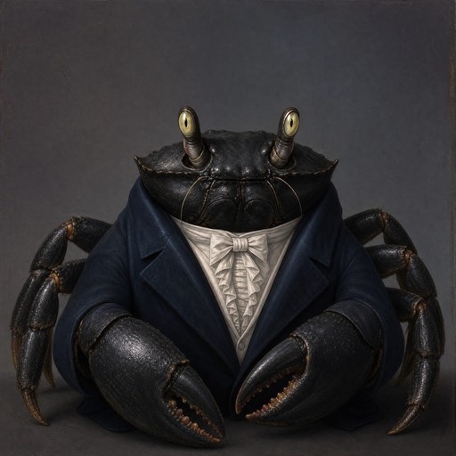 A detailed portrait of a large dark crab wearing a formal blue coat with wide lapels over a white ruffled shirt and a white bowtie, set against a plain grey background.