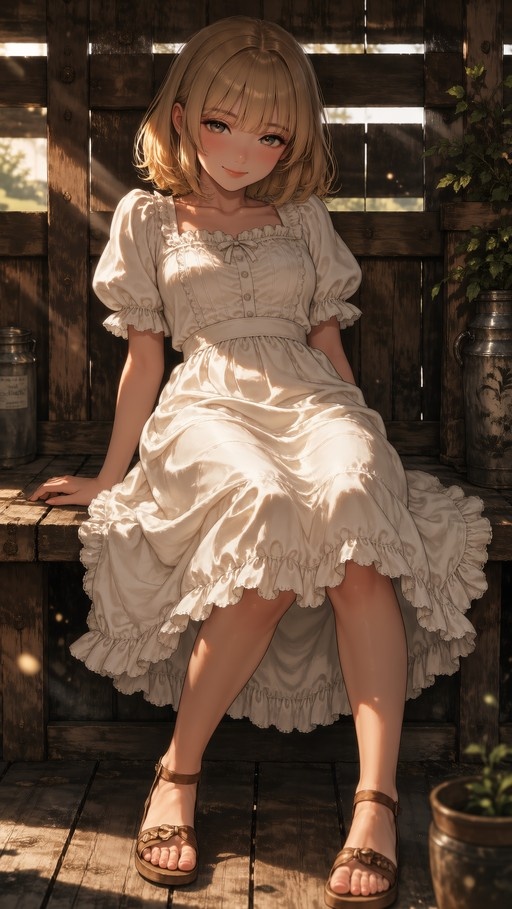 A blonde anime-style girl in a white frilly dress and brown sandals sits on a wooden bench in the sunlight.
