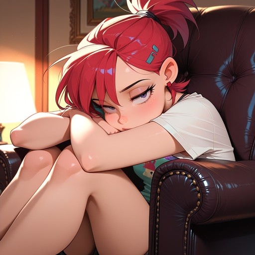 Red-haired anime girl sitting on a leather sofa hugging her knees with a thoughtful expression.