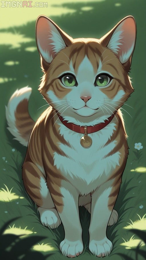 An orange and white tabby cat with bright green eyes sits in the grass wearing a red collar with a gold bell.