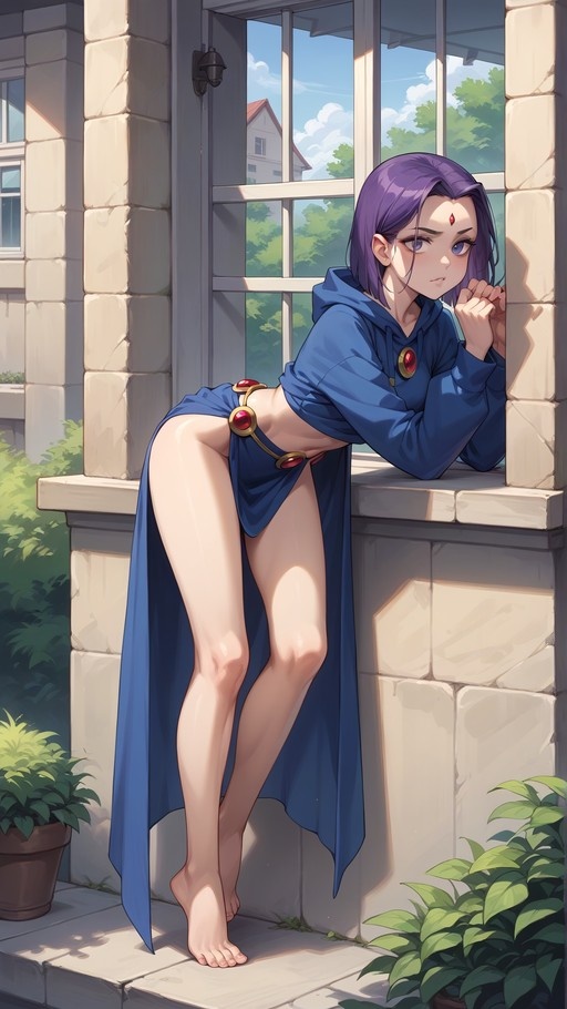 Raven from Teen Titans leaning barefoot against a stone window ledge in a blue hoodie
