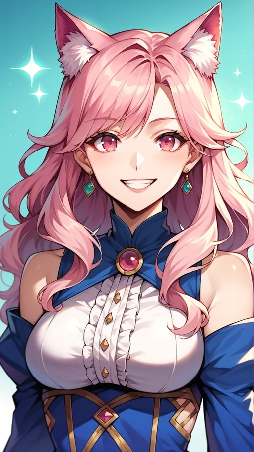 A smiling anime girl with long pink hair, pink eyes, and animal ears, wearing a blue capelet with a red gem over a white ruffled blouse against a sparkling blue background.