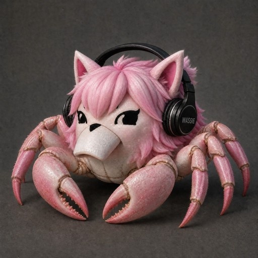 A pink crab figure with cat ears and pink fur wearing black headphones labeled "WASSIE".