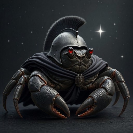 A realistic crab wearing a dark metal helmet with a black plume and a dark cloak, standing against a starry night sky with glowing red eyes.
