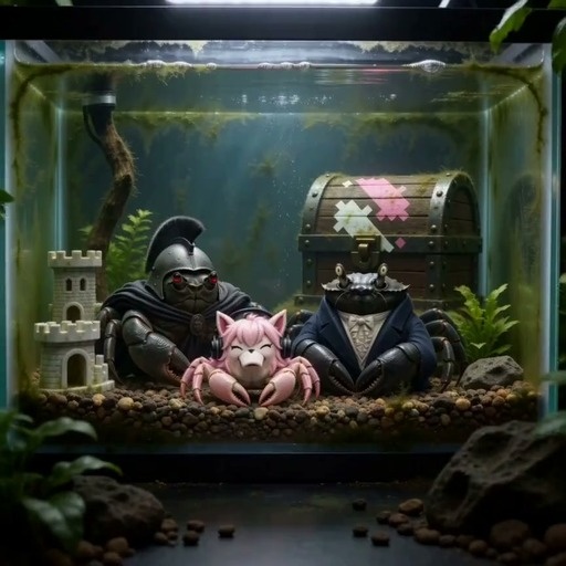 Three animated crabs in an aquarium tank: one wearing a knight's helmet and cape, one in a blue suit with a bowtie, and a small pink crab with cat ears and headphones, singing together near a treasure chest.