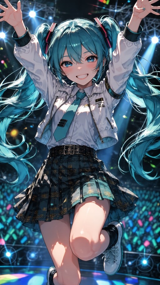 Hatsune Miku jumping with arms raised on a concert stage