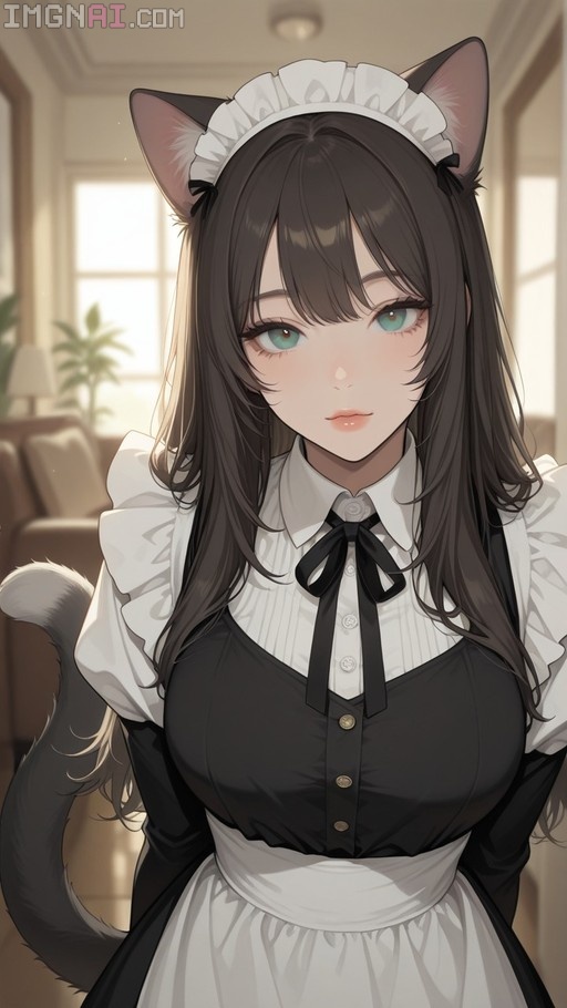 A cat girl maid with long dark hair and green eyes, wearing a black dress with a white apron and cat ears. She stands indoors looking at the viewer.