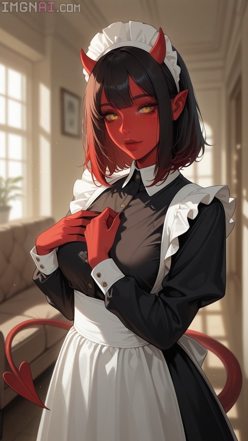 Red-skinned demon girl with yellow eyes and horns wearing a black and white maid uniform indoors.