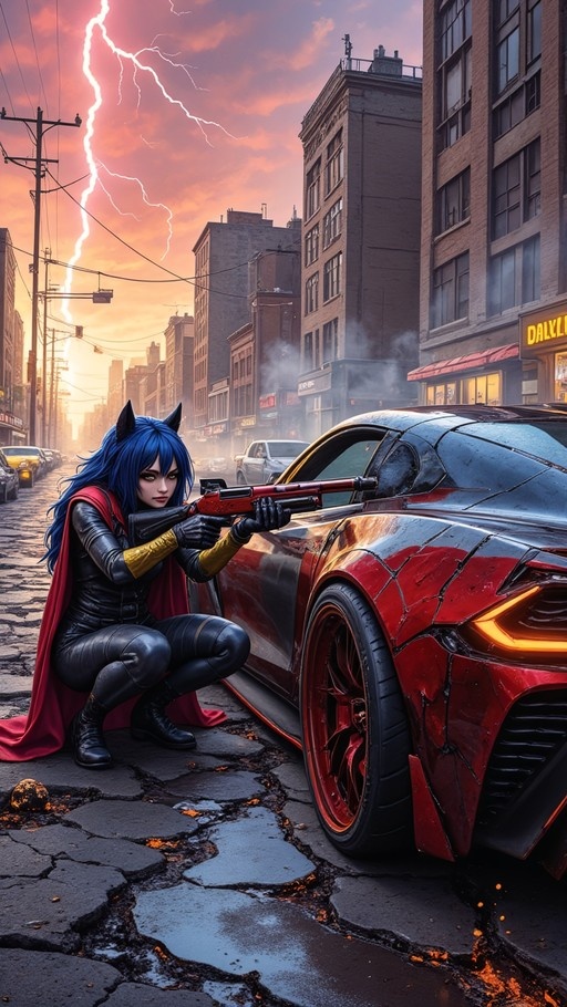 Blue-haired anthropomorphic female warrior with animal ears crouching behind a damaged red car while aiming a shotgun in a cracked city street under a lightning-filled sky.