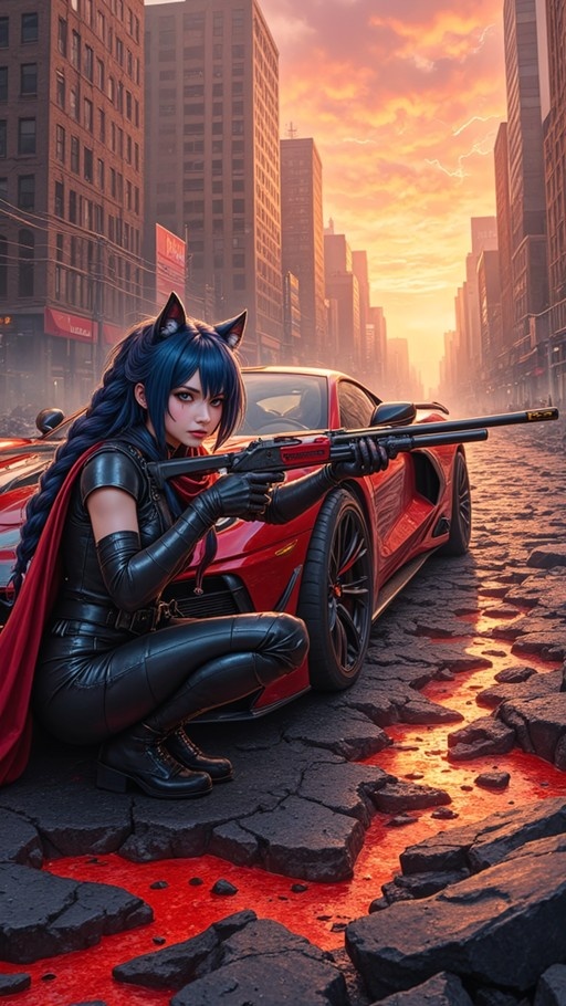 Blue-haired anthro woman with cat ears crouching next to a red sports car holding a shotgun on a broken street