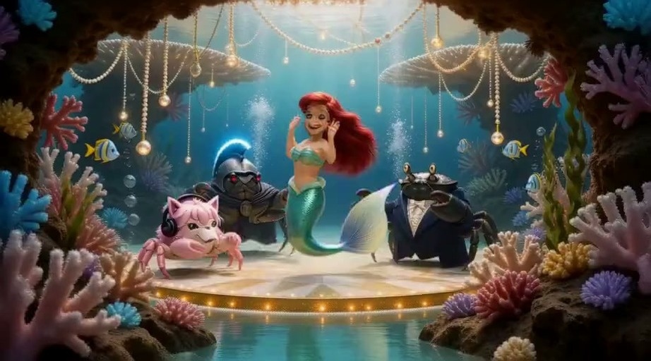 A red-haired mermaid dances on a circular stage underwater while crabs in costumes and a pink cat-eared crab dance alongside her amidst coral and hanging pearls.