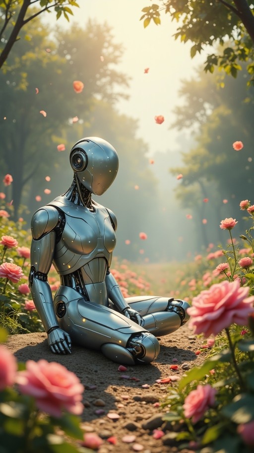 A silver humanoid robot with a smooth head sits cross-legged on the ground surrounded by pink roses and falling petals in a sunlit forest.