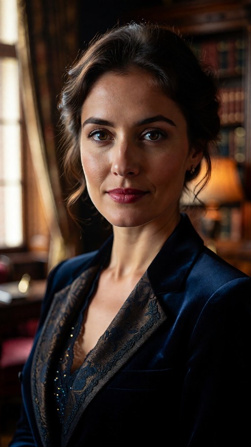 A realistic portrait of a woman with brown hair and eyes wearing a dark blue velvet blazer over a patterned top, standing indoors with bookshelves in the background.