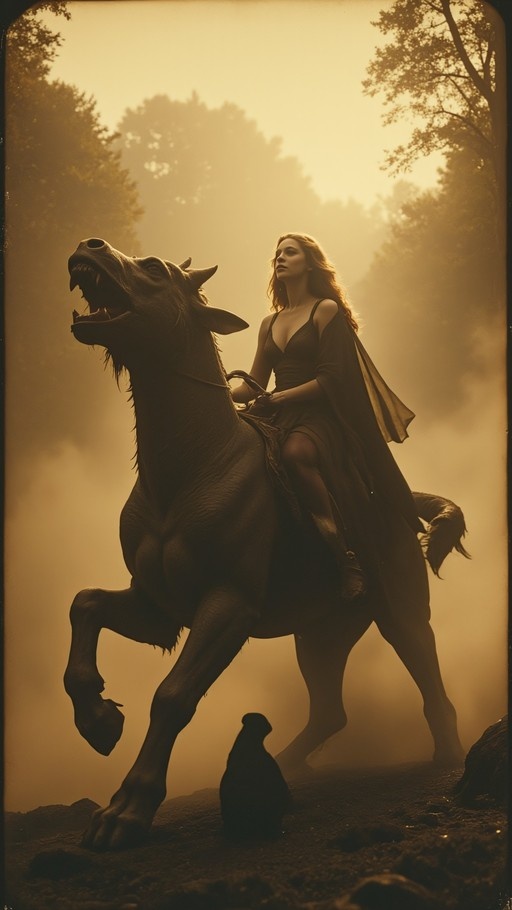 A sepia-toned digital illustration of a woman riding a large horned horse in a misty forest with a small animal silhouette below.