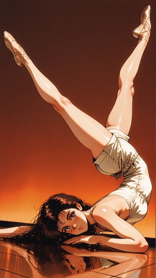 A young woman with long dark hair in a white leotard and ballet slippers lies on a reflective floor looking back at the viewer while stretching her legs up against an orange gradient background.