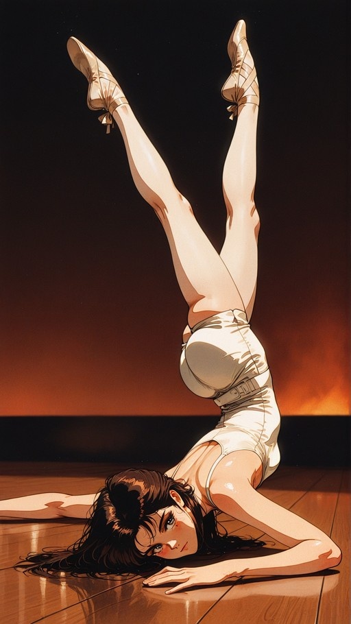 An anime-style illustration of a ballerina in a white leotard and pointe shoes lying on a wooden floor with her legs extended high behind her.