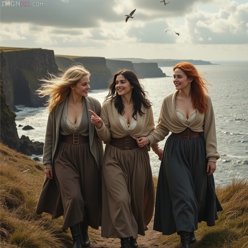 Three young women in long skirts and cardigans walk along a grassy cliff edge with the ocean and flying seagulls in the background.