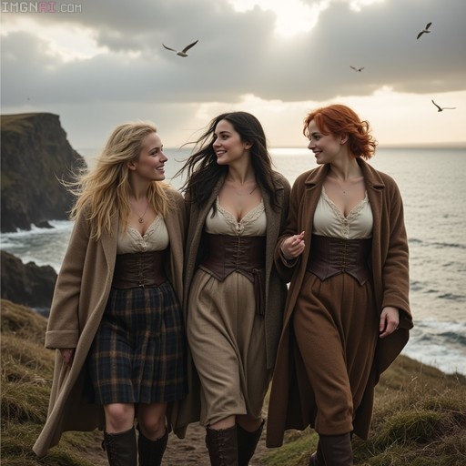 Three women in historical coats and corsets walking along a grassy cliff edge with the sea and flying birds behind them.