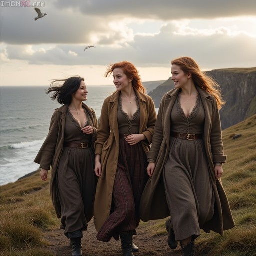 Three smiling women in long brown coats walking along a grassy cliff path near the ocean with seagulls flying overhead.