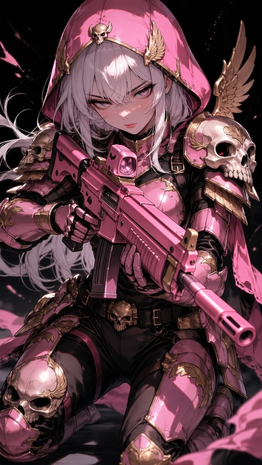 Anime-style girl with white hair in pink and gold skull-themed power armor kneeling while holding a large pink rifle.