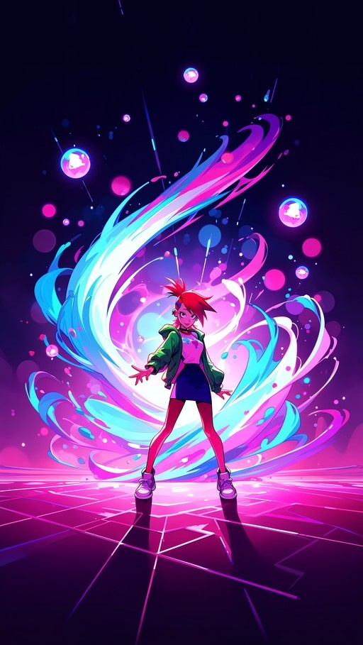 Misty from Pokémon stands amidst swirling blue water and bubbles in a vibrant neon setting.