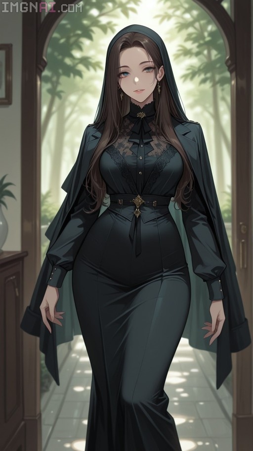 Digital illustration of a young woman with long brown hair and blue eyes wearing a black lace dress and dark capelet, standing in an arched wooden doorway.