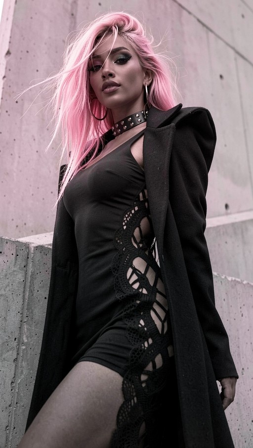 A woman with long pink hair and a studded choker poses against a concrete wall, wearing a black dress with lace-up side details and a black coat draped over her shoulders.