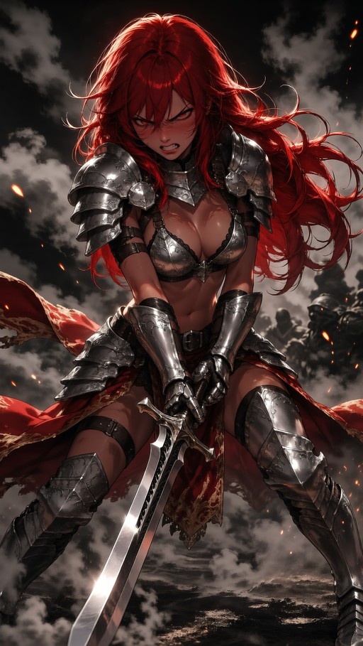 A red-haired woman with dark skin wearing silver armor holds a large sword in a fighting stance against a cloudy sky.