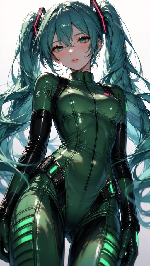 Hatsune Miku with long teal twin-tails wearing a glossy green bodysuit and black gloves against a white background.