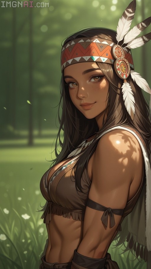 A smiling dark-skinned woman with long brown hair and a feathered headdress stands in a sunlit forest.