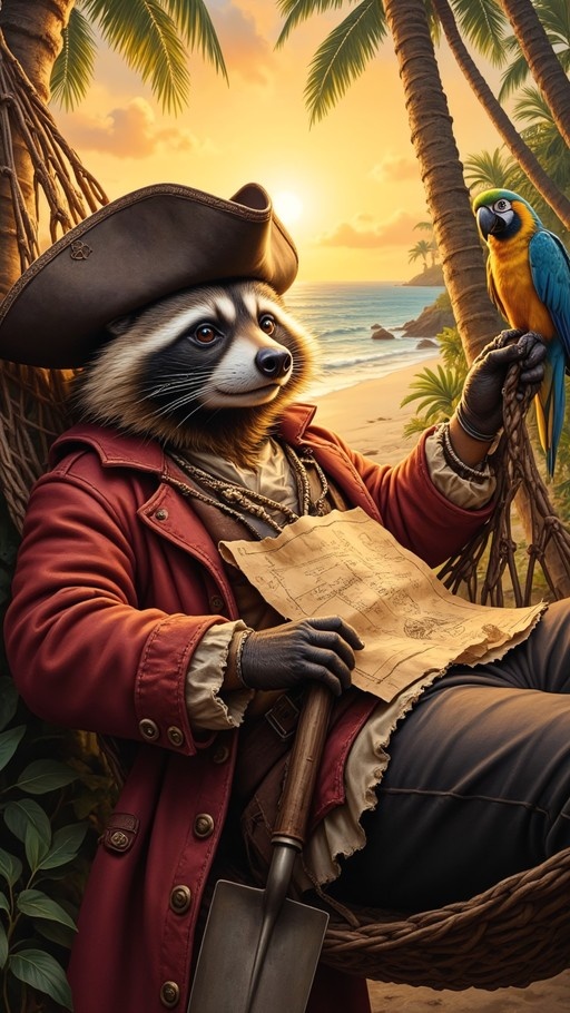 Anthropomorphic raccoon pirate in a red coat and tricorn hat lounging in a hammock with a treasure map and a parrot on a tropical beach at sunset.