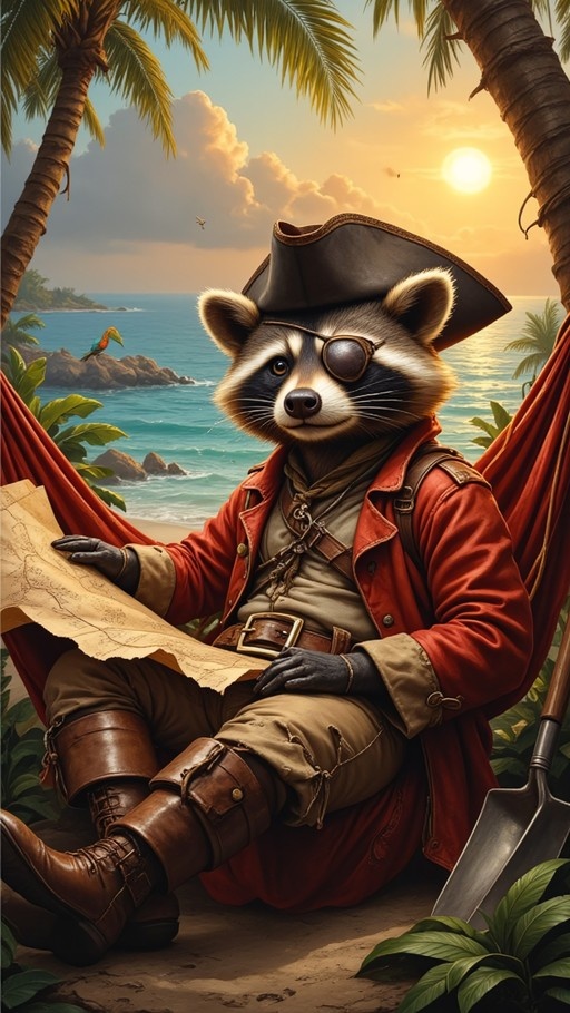 An anthropomorphic raccoon pirate wearing a tricorn hat and eyepatch sits in a red hammock on a sandy beach. He holds an old treasure map and wears a red coat with brown boots. Palm trees frame the view of the ocean at sunset, with a parrot perched on a rock in the distance.