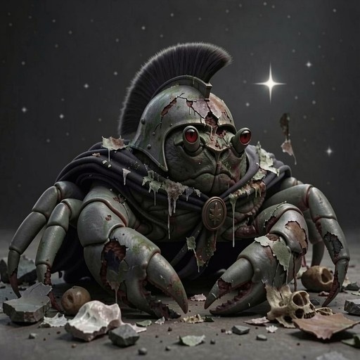 A green armored crab with red eyes and a black crest sits among skulls.