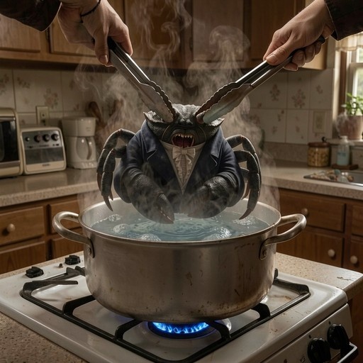 A terrified crab creature in a blue suit and bowtie is being lowered into a steaming pot of boiling water by metal tongs in a retro kitchen setting.