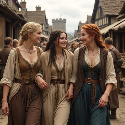 Three smiling women in medieval Highland dress walk arm-in-arm down a cobblestone street lined with timber-framed buildings and a distant castle tower.