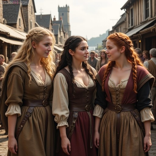 Three young women with blonde, brunette, and red hair wearing 16th-century bodices and skirts stand together on a cobblestone street in a medieval town.