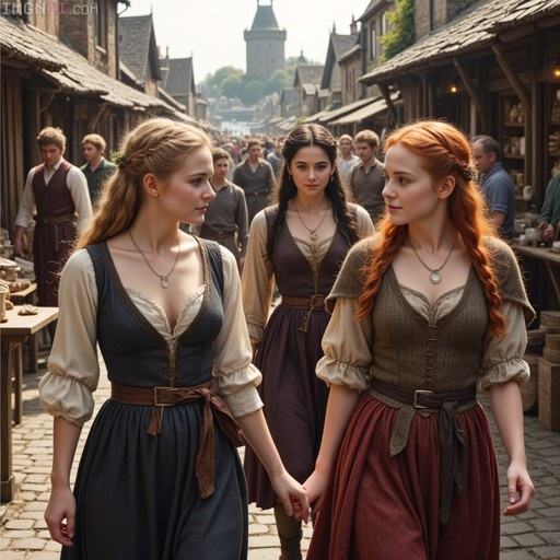 Three young women in 16th-century attire walk through a medieval market town, with the blonde and redheaded women holding hands while a brunette follows behind.