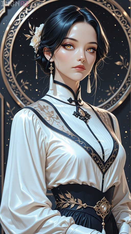 A young woman with dark hair and a white flower accessory wears a white high-collared blouse with black trim and gold embroidery, standing before an ornate circular frame.