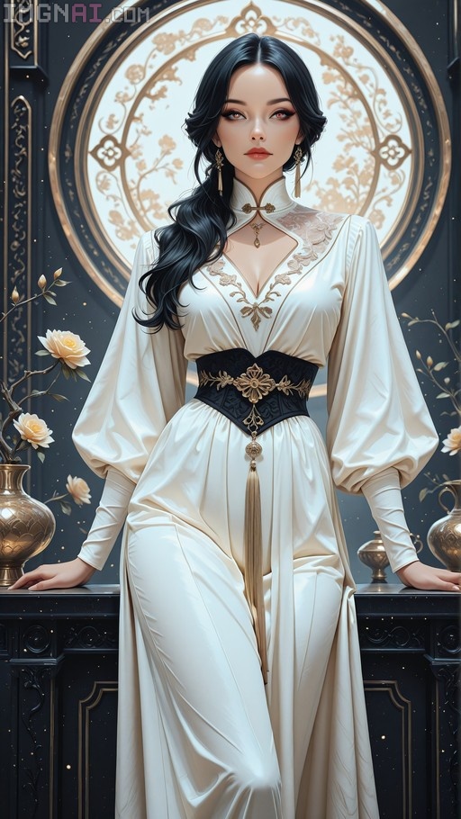 A young Asian woman with long dark wavy hair stands elegantly in a white dress with gold embroidery and a black corset belt, posing in front of an ornate circular wall decoration with floral patterns.