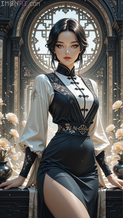 A young woman in a black and white modern cheongsam rests her hands on a surface near vases of white flowers, standing before an ornate circular window.