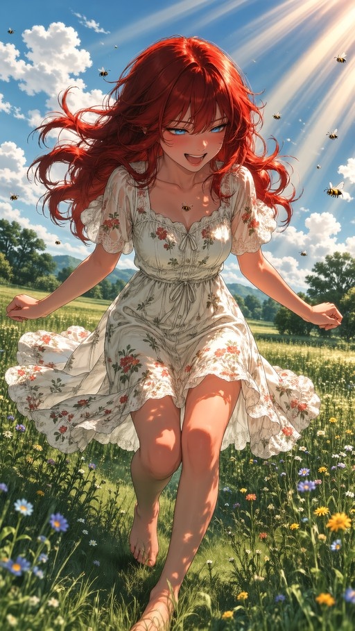 A red-haired anime girl with blue eyes runs barefoot through a sunny meadow filled with wildflowers and buzzing bees while wearing a white floral dress.