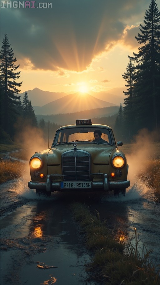 A yellow vintage taxi drives through puddles on a wet country road at sunset, with mountains and trees in the background.