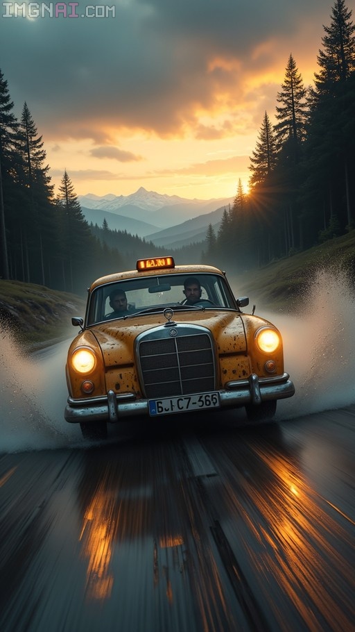 A rusty yellow vintage Mercedes taxi drives fast on a wet road with mountains and trees in the background during sunset.