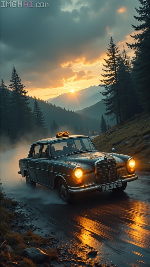 A rusty vintage Mercedes taxi drives fast on a wet road through a pine forest with mountains and a sunset in the background.