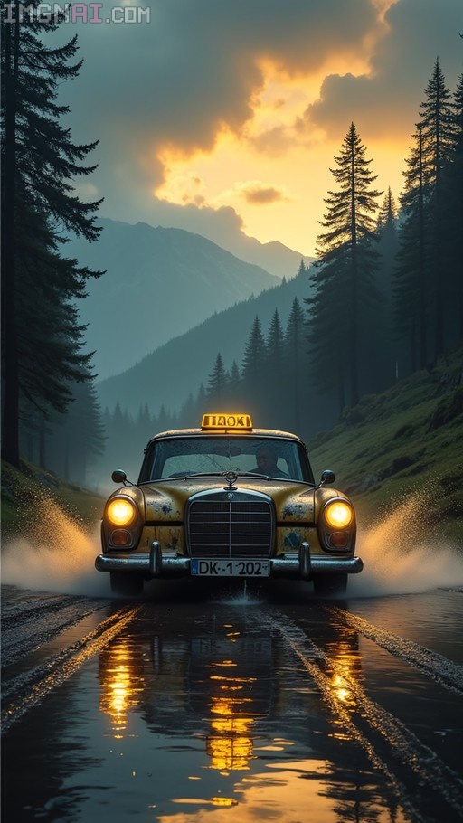 A weathered yellow taxi speeds down a wet mountain road through a pine forest at dusk with golden light in the sky.